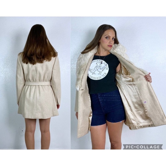 vintage 70s Beige RABBIT FUR Collar COAT Large wool winter coat real rabbit fur - Picture 9 of 10